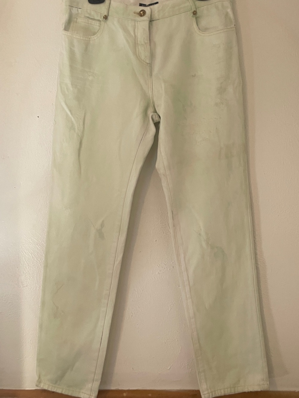 Balmain Paris Pale Lime White Distressed Bleached Western Cotton Jeans Sz 44